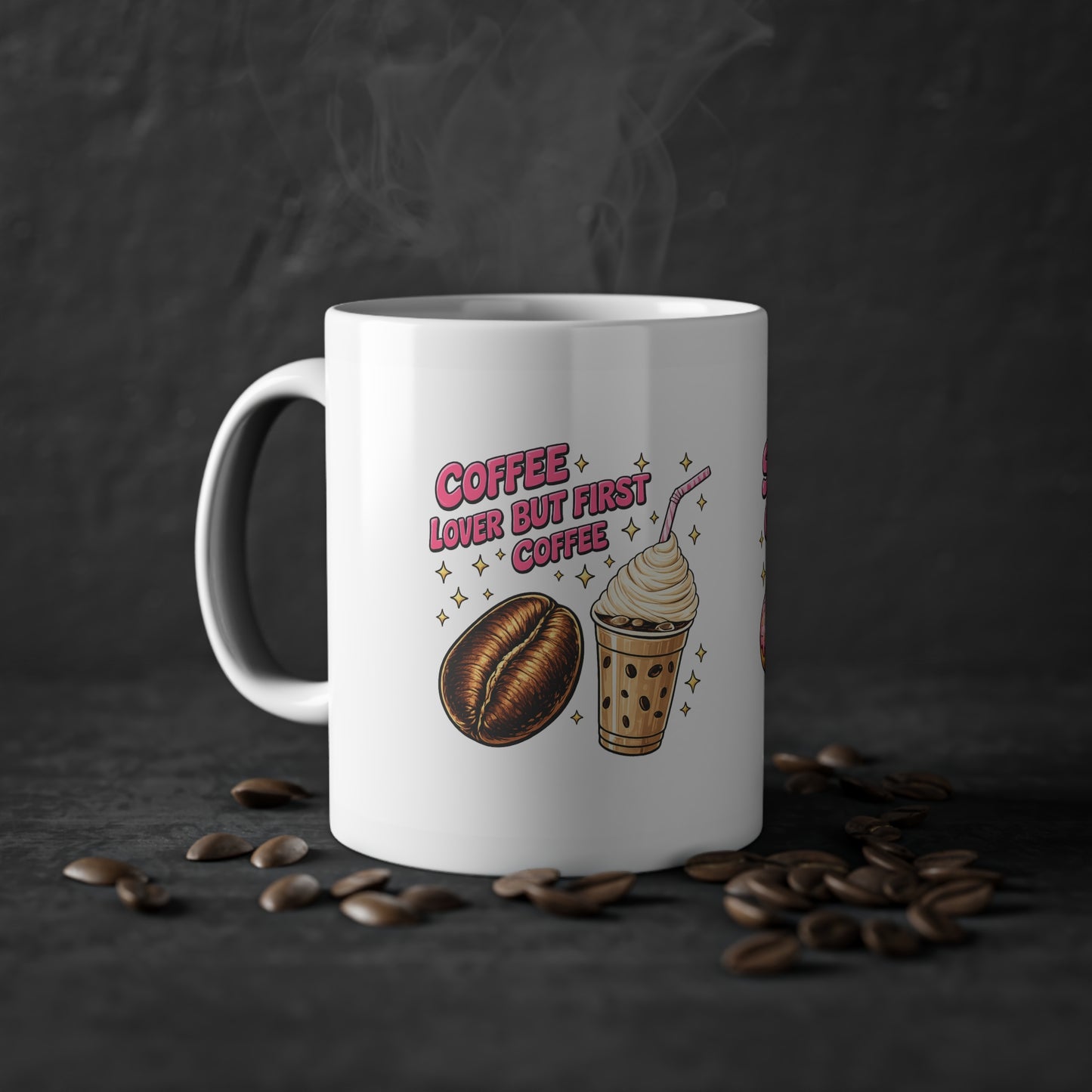 Coffee Mug — "Coffee Lover But First Coffee" Cute Donut & Beverage Design