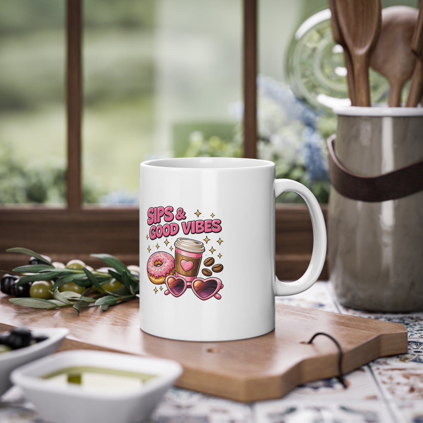 Coffee Mug — "Coffee Lover But First Coffee" Cute Donut & Beverage Design