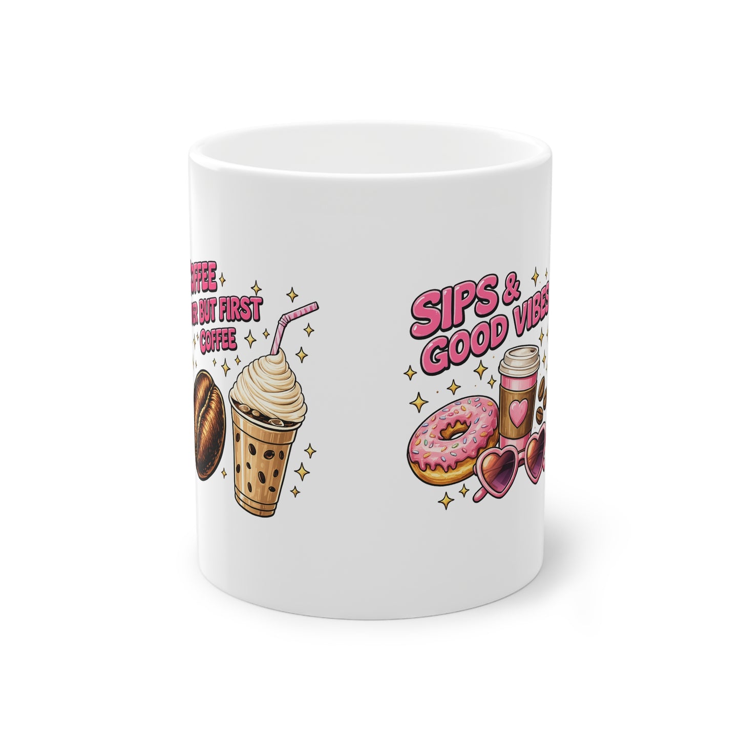 Coffee Mug — "Coffee Lover But First Coffee" Cute Donut & Beverage Design
